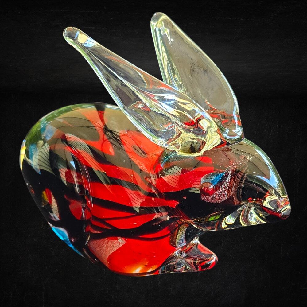 Dale Tiffany Favrile Art Glass Bunny Rabbit Figurine Red Black Hand Blown Glass